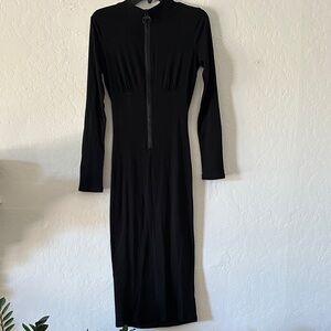 Capsulle Black Long Sleeve Midi Dress, Zip Front, Ruched Back, Stretch, MockNeck